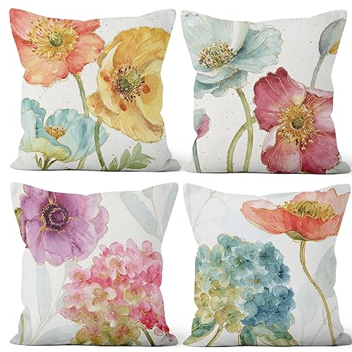 MIRRORANG Blühende Blumen werfen Kissenbezüge, Home Decor Sofa Kissenbezüge, Polyester Leinen 46x46cm, Satz von 4 von MIRRORANG