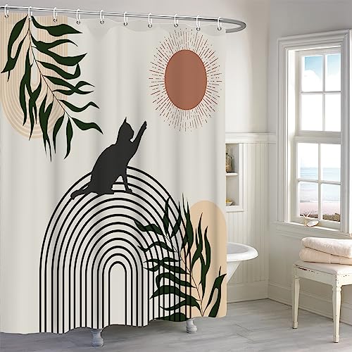 MIRRORANG Bohemian Katze Duschvorhang, minimalistische Mid Century Blätter moderner Badezimmer Vorhang, abstrakte Pflanze Sonnendusche Vorhang Set mit 12 Haken,183x183cm von MIRRORANG