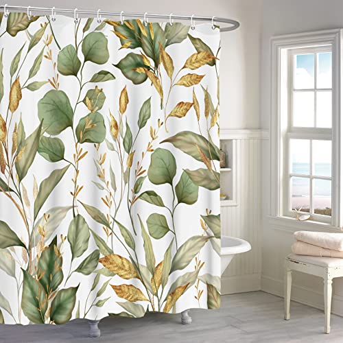 MIRRORANG Botanischer Duschvorhang, grüne Blätter Pflanzen Floral Baum Badezimmer Vorhang, Frühling Herbst Gelb Blätter Natürliche Duschvorhang Set mit 12 Haken,183x183cm von MIRRORANG