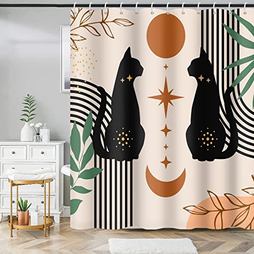 MIRRORANG Cute Black Cat Shower Curtain, Mid Century Modern Shower Curtain Set mit 12 Haken, Abstract Boho Plant Bath Curtains Durable Fabric Machine Washable,183x183cm von MIRRORANG