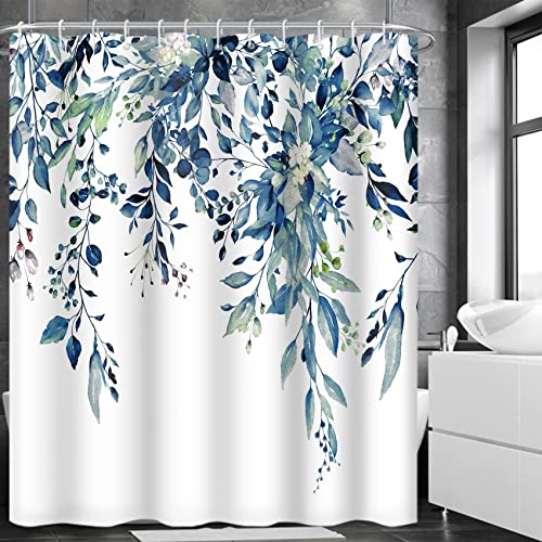 MIRRORANG Schimmel- und Mehltau-beständiger Blauer floraler Polyester-Badevorhang mit 12 Haken, schnell trocknender wasserdichter Duschvorhang aus Pflanzenstoff,183x183cm von MIRRORANG