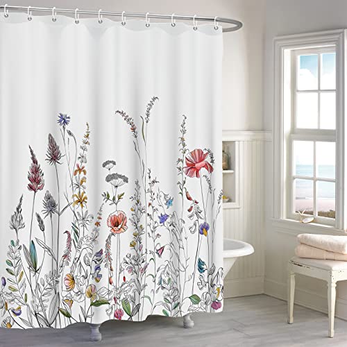 MIRRORANG Floral Duschvorhang, Aquarell Wildblumen Garten Blume Badezimmer Vorhang, Schwarz und Weiß Frühling Natürliche Blüte Hern Duschvorhang Set mit 12 Haken,183x183cm von MIRRORANG