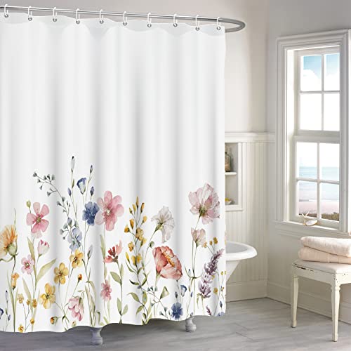 MIRRORANG Floral Duschvorhang, Garten Blume Wildblumen Badezimmer Vorhang, Frühling Blüte Aquarell Botanische Kraut Natürliche Duschvorhang Set mit 12 Haken,183x183cm von MIRRORANG