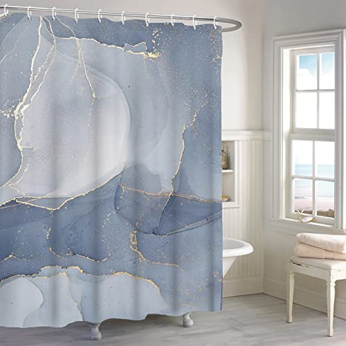 MIRRORANG Gold-Blauer Marmor-Duschvorhang, Luxus-Aquarell-Textur-Mix-Farbe-Badezimmervorhang, staubiger Blauer Abstrakter moderner Tinten-Kunst-Duschvorhang Set mit 12-Haken,183x183cm von MIRRORANG