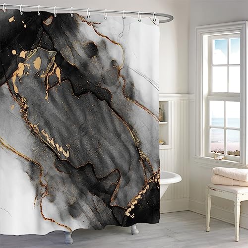 MIRRORANG Gold Schwarz Weiß Marmor Duschvorhang, Luxus Aquarell Textur Mix Farbe Badezimmer Vorhang, Tinte Malerei Abstrakte Moderne Tinte Kunst Duschvorhang Set mit 12 Haken,183x183cm von MIRRORANG