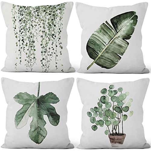 MIRRORANG Green Leaf Throw Pillow Covers, Watercolor Leaf Pattern Leinen Kissenbezüge, 4 Pack von Pflanzen Kissenbezüge für Sofa Couch Sommer Home Decor(46x46cm) von MIRRORANG