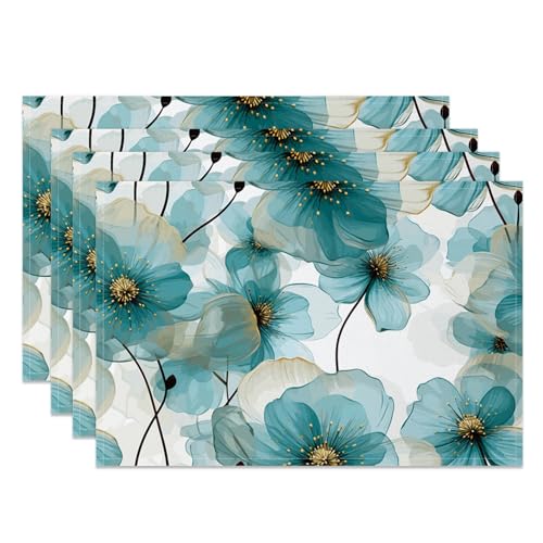 MIRRORANG Platzsets mit blauen Blumen, 45 x 30 cm, hellblau-weißes Blumendesign, waschbar, Tischset für moderne Küche, Esszimmer, 4 Stück von MIRRORANG