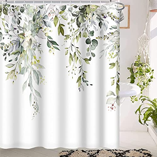 MIRRORANG Salbei grün Eukalyptus Duschvorhang, Aquarell Blatt Pflanze mit floralen Bad Vorhänge mit Haken, wasserdicht und schimmelresistent waschbar Polyester Duschvorhang,183x198cm von MIRRORANG