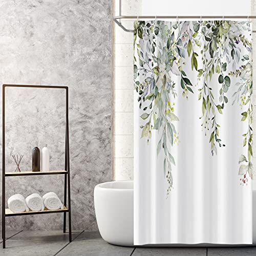 MIRRORANG Salbei grün Eukalyptus Stall Duschvorhang, Aquarell Pflanze mit Blumen Bad Vorhänge mit Haken, Wasserdicht Schimmel & Schimmel resistent Polyester,92x183cm von MIRRORANG