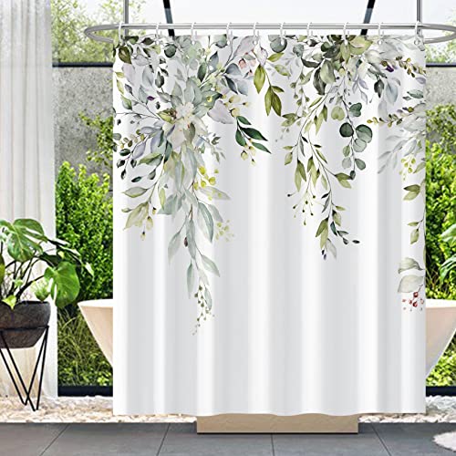 MIRRORANG Salbei grün Eukalyptus Stall Duschvorhang, Aquarell Pflanze Blatt mit floralen Bad Vorhänge mit Haken, wasserdicht Schimmel und Mehltau resistent Polyester,153x183cm von MIRRORANG