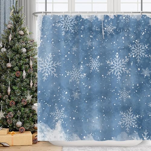 MIRRORANG Weihnachten Duschvorhang, Blaue Schneeflocken Winter Schnee Badezimmer Duschvorhang Set mit 12 Haken,183x183cm von MIRRORANG