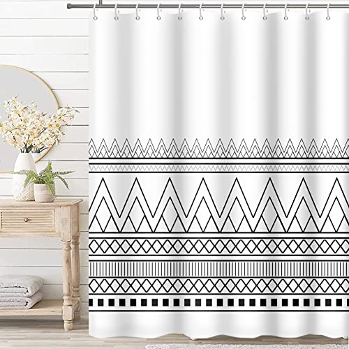 MIRRORANG Weißer Boho Tribal gestreifter Duschvorhang mit 12 Haken,Moderner Geometrischer Duschvorhang für Badezimmer,100% Polyester,183x183cm von MIRRORANG