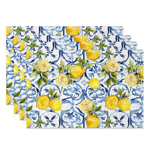 MIRRORANG Zitronenmuster Blaue Fliesen Taschens Set von 4 45x30 cm Obst Blumenmuster Designmaschine Waschbarer Ort Matten für Küchen Esszimmer Tropische Themenpartytischmatten Wohnungsdekoration von MIRRORANG
