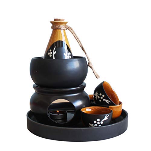 Miruike Miruike Sake-Servier-Set aus Keramik mit Stövchen mit 1 Sake-Topf, 4 Tassen, 1 Sake-Topf-Wamer, 1 Heizstation? Schwarz von MIRUIKE