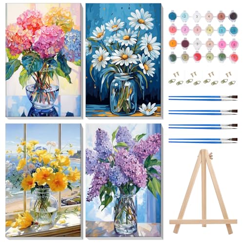 MISCER 4 Stück Gerahmt Malen Nach Zahlen Erwachsene, Hortensie Malen Nach Zahlen Erwachsene Anfänger Mit Holzstaffelei, DIY Landschaft Ölgemälde Leinwand Kit für Home Deko 20X30cm von MISCER