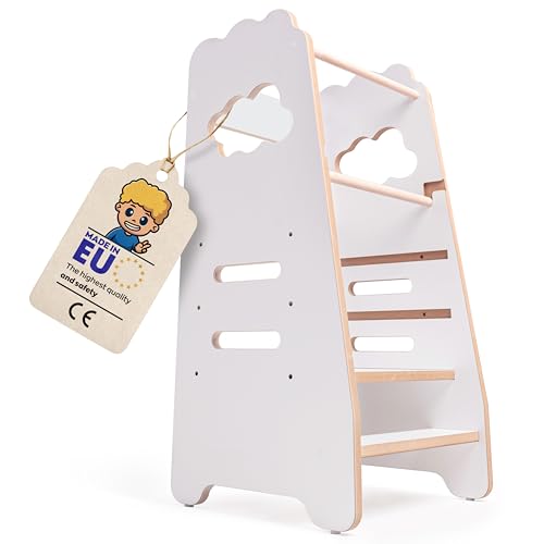 MISIOO Lernturm Ab 1 Jahr - Weißer Learning Tower Aus MDF Mit 3 Höhenstufen - Freundlicher Toddler Tower Für Kinder - 89,5 x 41 x 41 cm von MISIOO