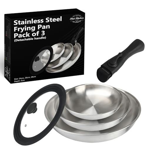 MISL HOME - Edelstahl Bratpfanne mit Deckel mit abnehmbarem Griff 3er Pack & Universaldeckel für 24/26/28cm Bratpfannen Induktion Kochgeschirr - Backofen- & Spülmaschinenfest - Kompaktes von MISL HOME