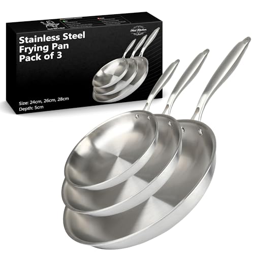 MISL HOME - Edelstahl Bratpfannen-Set 3-24/26/28cm mit kühl bleibenden Griffen - dreilagige Pfanne Induktionskompatibel, spülmaschinenfreundliches Stahl-Kochgeschirr-Set für das Kochen zu Hause von MISL HOME