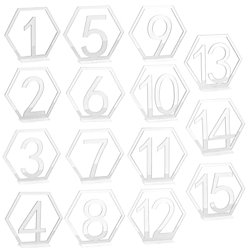 MISNODE 15 Stück Tischnummernschildständer, 1-15 Acryl Hochzeit Tischnummer mit Halter Basis, Sechseck-Tischschilder Klar Acryl Empfangsständer (Silber) von MISNODE