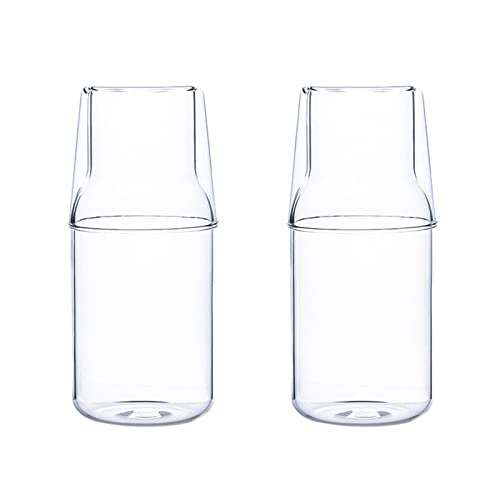 MISNODE 2 x 360 ml Nachttisch-Wasserkaraffen-Set mit Becher, Becher für Schlafzimmer, Nachttisch, Glas-Mundspülflasche für Badezimmer, klarer Saft, Wasserkrug von MISNODE