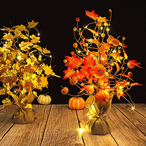 MISNODE 45 cm Tischplatte, beleuchteter Ahornbaum, batteriebetrieben, künstlicher Herbstbaum mit 20 warmweißen LED-Lichtern, künstlicher Beerenbaum von MISNODE