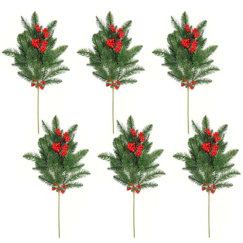 MISNODE 6 Stück Künstliche Tannenzweige, Künstliche Weihnachts-Tannenzweige, Künstliche Weihnachts-Tannenzweige mit Roten Beerenstielen, Künstliche Immergrüne MISNODE 6 Stück Künstliche Tannenzweige, Künstliche Weihnachts-Tannenzweige, Künstliche Weihnachts-Tannenzweige mit Roten Beerenstielen, Künstliche Immergrüne von MISNODE