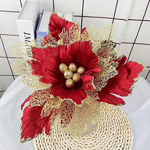 MISNODE 6 Stück künstliche Weihnachtssterne 3 Etagen 30 cm große künstliche Blumen Glitzer Weihnachtskranz Weihnachtsbaum Ornamente rot von MISNODE