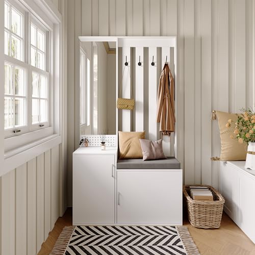MISNODE 6-in-1 Garderobe Set, Flurgarderobe mit Spiegel Schuhschrank Sitzbank, Wandgarderobe mit Ablage, Schlafzimmer Garderobenset, Garderobenschrank 100x40x180 cm, Weiß (Weiß, A) von MISNODE