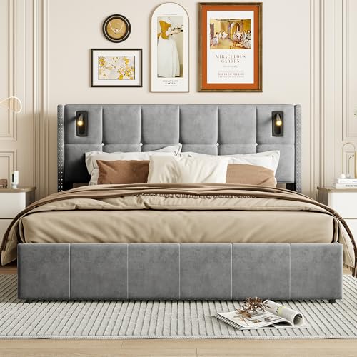 MISNODE Boxspringbett 140 x 200 cm, Doppelbett mit Leselicht, Gepolsterte Bettstruktur aus Samt mit Lattenrost, Bett für Erwachsene und Jugendliche, Grau (Grau-C,140 x 200 cm) von MISNODE