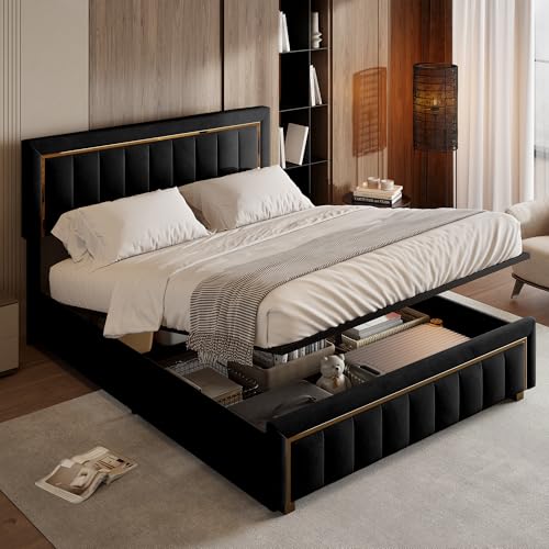 MISNODE Boxspringbett 160 x 200 cm, Doppelbett mit hydraulischem Heben, gepolstertes Bettgestell mit gepolstertem Kopfteil aus Samt, Schwarz (Schwarz, 160 x 200 cm) von MISNODE
