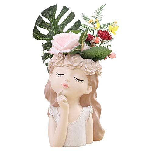 MISNODE Cartoon Girl Face Blumentopf Container, Harz Sukkulenten Blumentopf mit Drainageloch Statue Pflanzgefäß Blumenvase Sukkulenten Schale Pensive Fairy von MISNODE