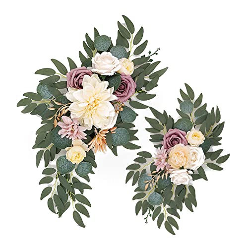 MISNODE Champagner künstlicher Hochzeitsbogen Blumen Set (2 Stück), Hochzeitsgirlanden Seide Pfingstrosen Blume Swag Hochzeit Willkommensschild für Hochzeit Party Dekor von MISNODE