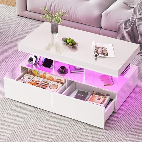 MISNODE Couchtisch mit LED-Beleuchtung, rechteckiger Wohnzimmertisch mit 2 Schubladen zur Aufbewahrung und offenem Regal, moderner Hochglanz, 104 x 53 x 46 cm, Weiß MISNODE Couchtisch mit LED-Beleuchtung, rechteckiger Wohnzimmertisch mit 2 Schubladen zur Aufbewahrung und offenem Regal, moderner Hochglanz, 104 x 53 x 46 cm, Weiß von MISNODE