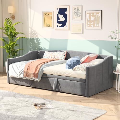 MISNODE Doppelschlafsofa aus Samt, Doppelschlafsofa 90/180 x 200 cm, ausziehbar, 2-Sitzer, modernes Schlafsofa, platzsparend, 2-in-1-Schlafsofa, Grau von MISNODE