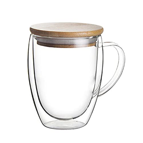 MISNODE Doppelwandige Kaffeetassen aus Glas mit Henkel, Kaffeetasse, Kaffeetasse aus Klarem Borosilikatglas, Perfekt für Cappuccino, Latte, Heiße Getränke, Tee(4,6 * 3,3 * 2 Zoll/Bambusdeckel) von MISNODE