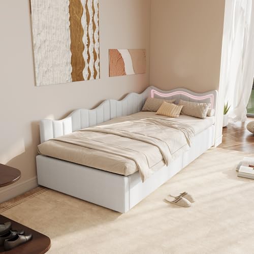 MISNODE Gepolstertes Schlafsofa 90 x 200 cm, Bank mit LED, Schlafsofa aus Teddy mit Lattenrost, L-förmige Schlafsofas für Erwachsene, Weiß (Weiß-E,90 * 200cm) von MISNODE