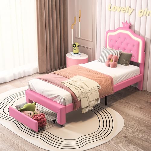 MISNODE Kinderbett, gepolstert, 90 x 200 cm, Prinzessinnenbett mit LED und Schublade, für Mädchen mit Kopfteil, Lattenrost, ohne Matratze (PU, Rosa, 90 x 200 cm A01) von MISNODE
