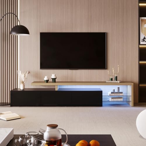MISNODE LED-TV-Möbel, Schwarz und Holz, 200 cm Länge, Möbel Tele Design mit LED-Lichtern, praktische Aufbewahrung, TV-Bank für Wohnzimmer oder Schlafzimmer, 200 x 39 x 42 cm (schwarz) von MISNODE