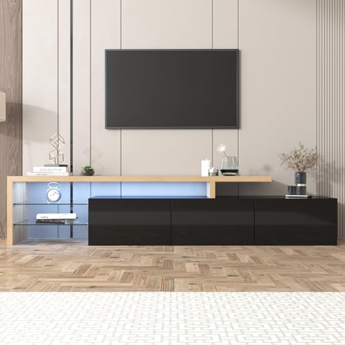 MISNODE LED-TV-Möbel, Schwarz und Holz, Möbel Tele Design mit LED-Lichtern, praktische Aufbewahrung, TV-Bank für Wohnzimmer oder Schlafzimmer, 197,5 x 39 x 42 cm (schwarz - A01) von MISNODE