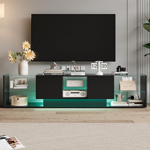 MISNODE LED-TV-Möbel, Weiß und Holz, 200 cm Länge, Tele Design Möbel mit LED-Lichtern, praktische Aufbewahrung, TV-Bank für Wohnzimmer oder Schlafzimmer, 200 x 35 x 45 cm (schwarz - A02) von MISNODE
