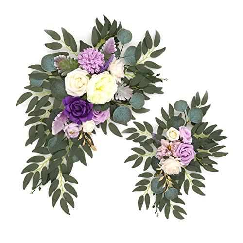 MISNODE Lila künstliche Hochzeitsbogen Blumen Set (2 Stück), Hochzeitsgirlanden Seide Pfingstrosen Blume Swag Hochzeit Willkommensschild für Hochzeit Party Dekor von MISNODE