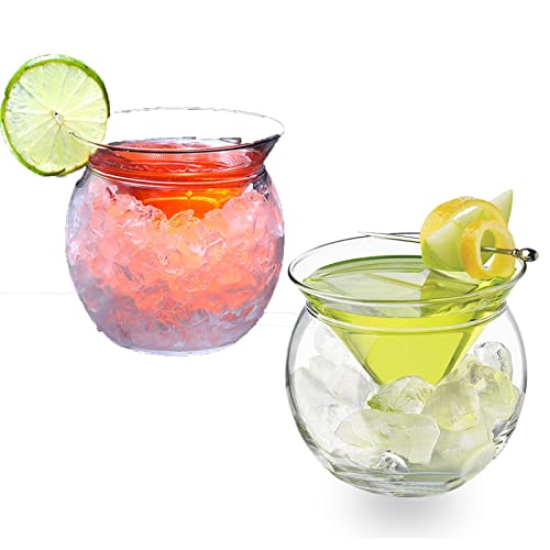 MISNODE Stiellose Martini-Gläser mit Kühler 2er Set, 260ml Kristallglas Martini Gläser, Elegantes Cocktailglas Set mit Server Bowl für Cocktail von MISNODE