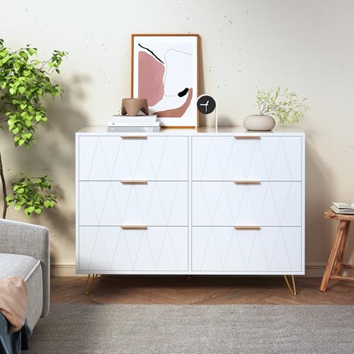 MISNODE Minimalistische Kommode mit thermogeformtem Rautendesign – Schubladen-Organizer aus Holz für Schlafzimmer, Wohnzimmer und Flur (6 Schubladen + Weiß + Raute) von MISNODE