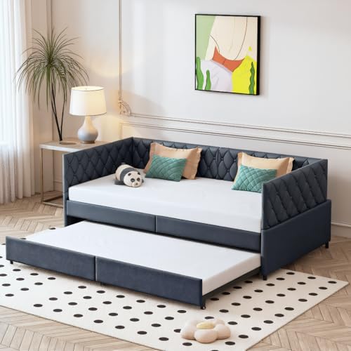 MISNODE Multifunktionales Schlafsofa, ausziehbar 90/180 X 200 cm, 2-Sitzer-Sofa mit Lattenrost, Doppelbett aus Samt, keine Matratze (Dunkelgrau, 90/180 x 200 cm) von MISNODE