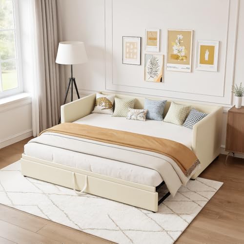 MISNODE Multifunktionales Schlafsofa ausziehbar 90/180 X 200 cm, 2-Sitzer-Sofa mit Lattenrost, Doppelbett aus Samt, Beige, keine Matratze (Beige, 90/180 x 200 cm) von MISNODE
