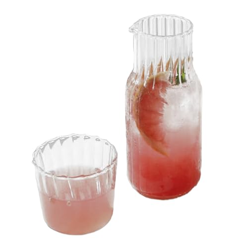 MISNODE Nachttisch-Wasserkaraffe und Glas-Set, Transparente Karaffe mit Tasse, Vintage-Nachttisch-Wasserkaraffe aus Geriffeltem Glas, Wasserkaraffe und Glasbecher-Set, Gerippte(17cm/6.7in-transparent) von MISNODE