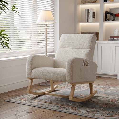 MISNODE Schaukelstuhl, gepolstert, Teddy-Fleece, Schaukelstuhl, Stillsessel mit Füßen aus Holz und Seitentaschen, für Wohnzimmer, Schlafzimmer, Büro (beige) von MISNODE