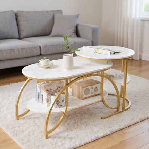 MISNODE Set mit 2 modernen Couchtischen, ovaler Couchtisch mit rundem Beistelltisch, modernes Wohnzimmertisch-Set mit künstlichem Marmormuster (Weißgold) von MISNODE