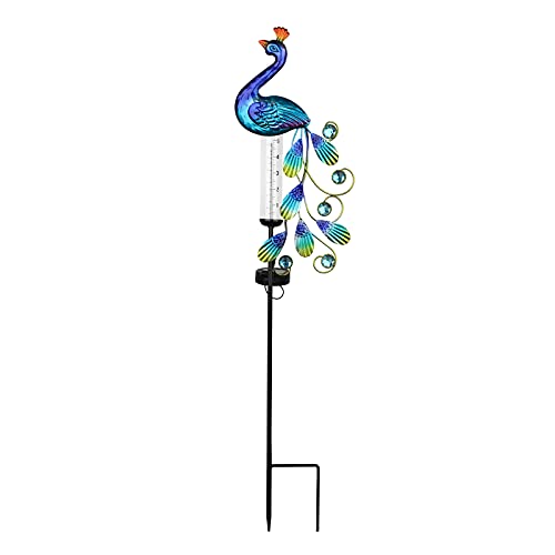 MISNODE Solar-Regenmesser Gartenstecker mit Pfauen-Akzent, 32 Zoll Regenmesser Solar Pfau Licht, Solar Garten Licht Metall Pfau Wasserdicht Solarpfahl für Garten Hof Deck Outdoor Zaundekoration von MISNODE