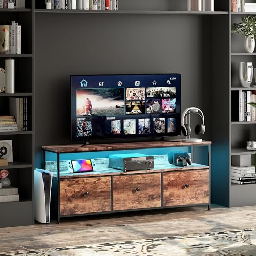 MISNODE TV-Schrank mit LED, Schubladen und Regalen aus Stoff, Multimedia-Konsole mit Blumenmuster, Unterhaltungszentrum für Wohnzimmer und Schlafzimmer (108 cm + Braun-B) von MISNODE